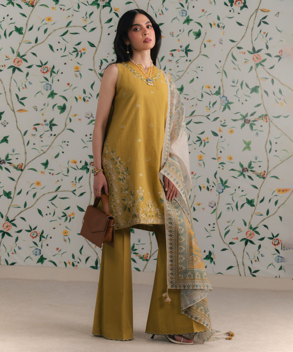 Women's Unstitched Dobby Embroidered Yellow 3 Piece Suit