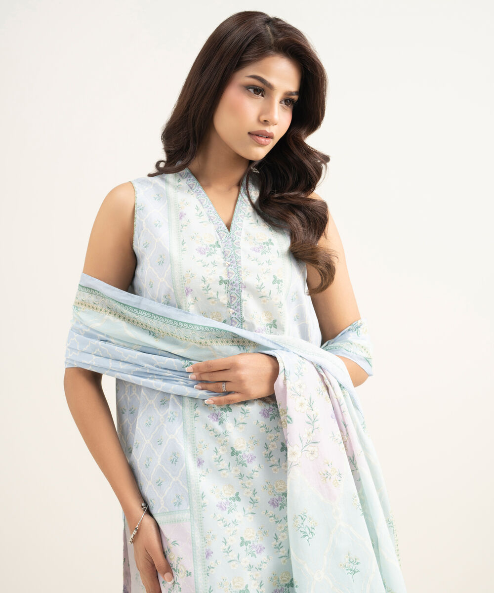 Women's Unstitched Lawn Printed Blue 3 Piece Suit