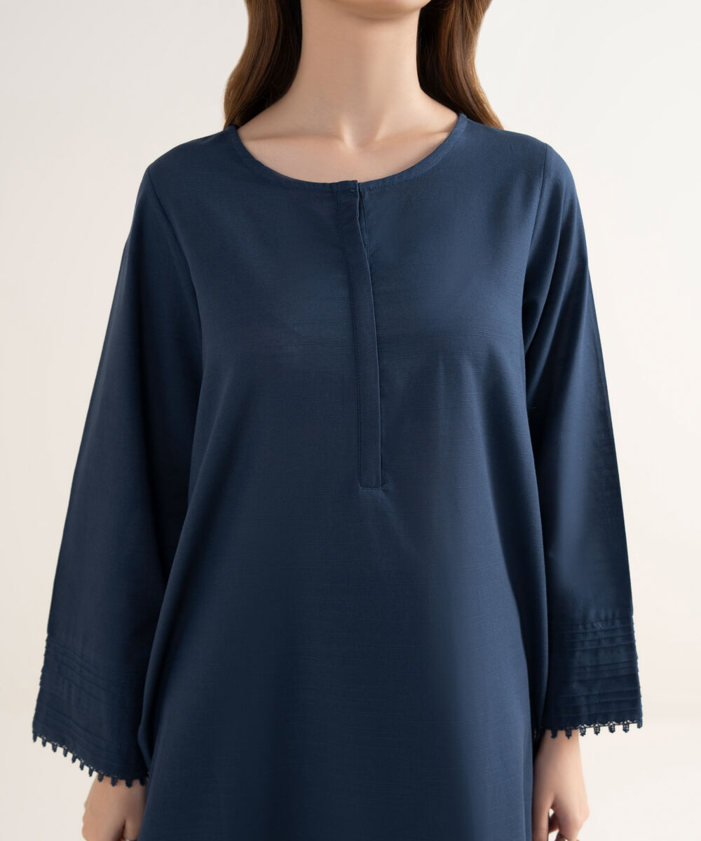 Women's RTW Khaddar Solid A-Line Blue Shirt