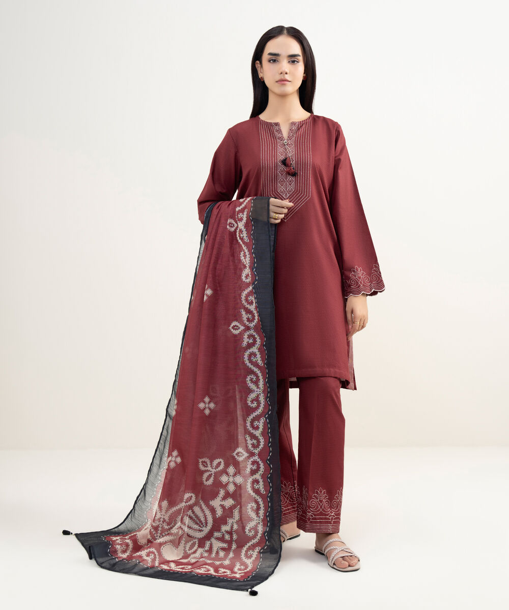 Women's RTW Dobby Embroidered Red Straight Shirt