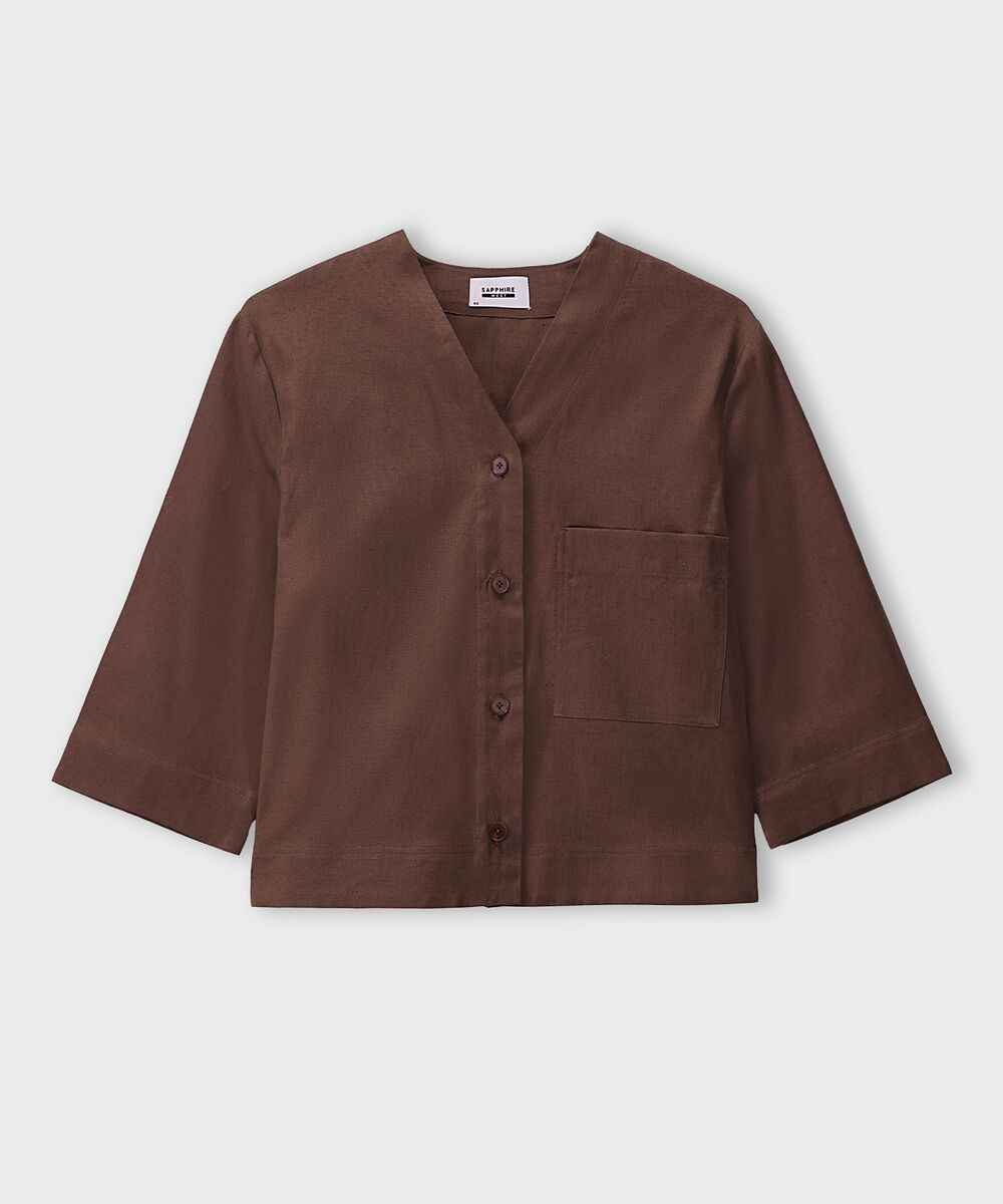 Women's Western Wear Brown V-Neck Linen Blend Shirt
