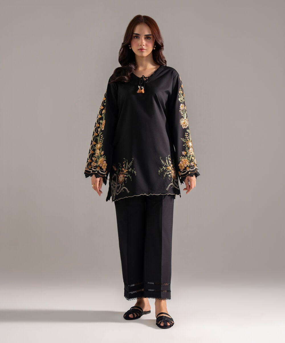 Women's RTW Dobby Solid Black Straight Shirt
