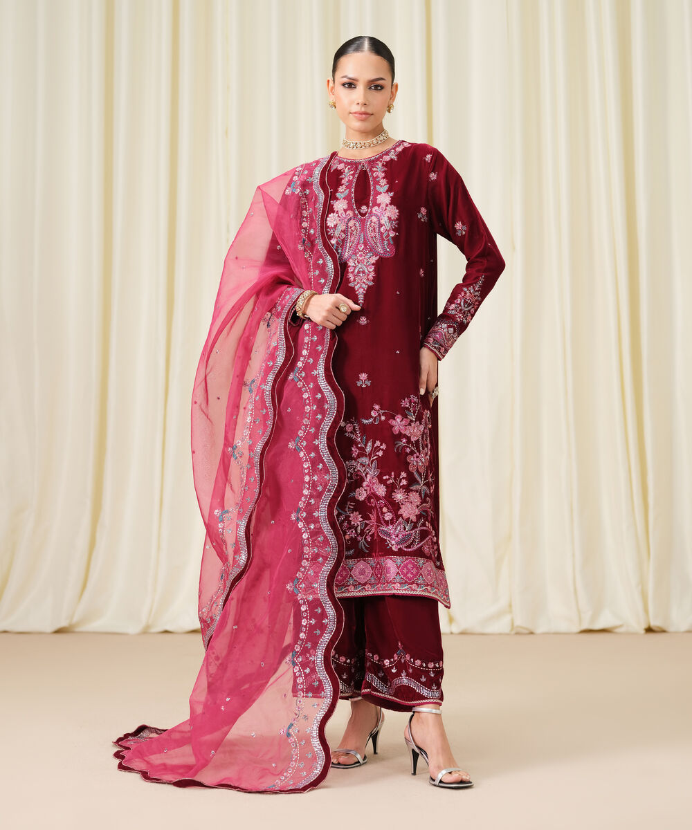 Women's Unstitched Embroidered Velvet Brown 3 Piece Suit