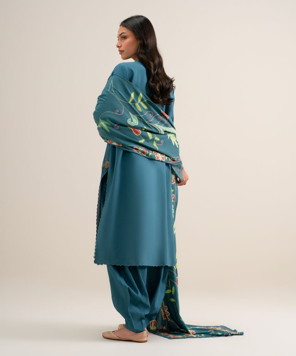 Women's Unstitched Embroidered Linen Teal Blue 3 Piece Suit