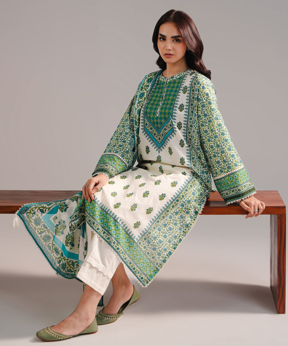 Women's RTW Lawn Printed Off White 3 Piece Suit