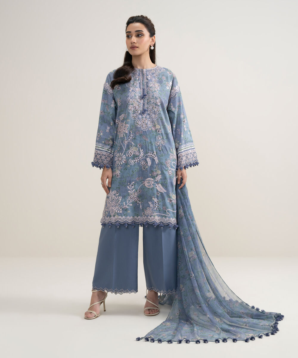 Women's Unstitched Fine Lawn Embroidered Blue  3 Piece Suit