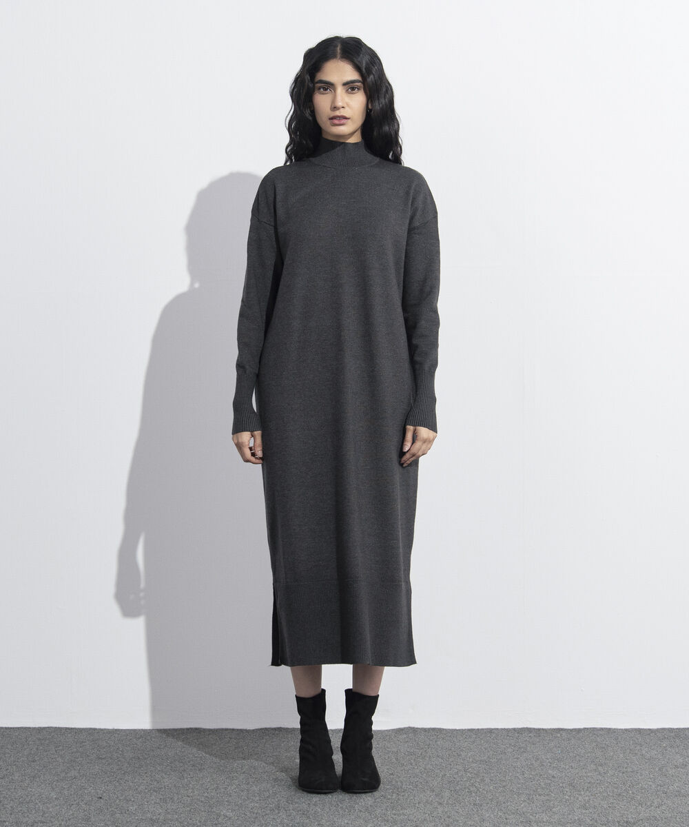 Women's Western Wear Grey  High Neck Sweater Dress