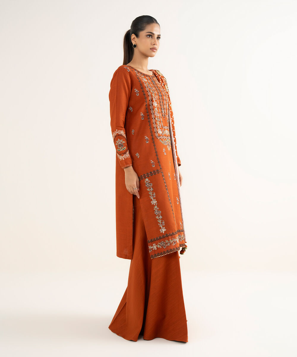 Women's Unstitched Light Khaddar Embroidered Orange 3 Piece Suit