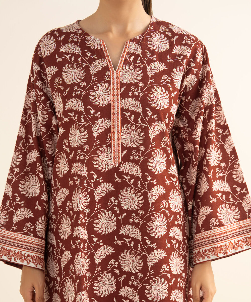 Women's Unstitched Light Khaddar Printed Red 3 Piece Suit