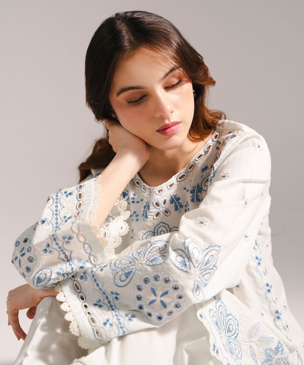 Women's RTW Textured Cotton Embroidered Light Blue 2 Piece Suit