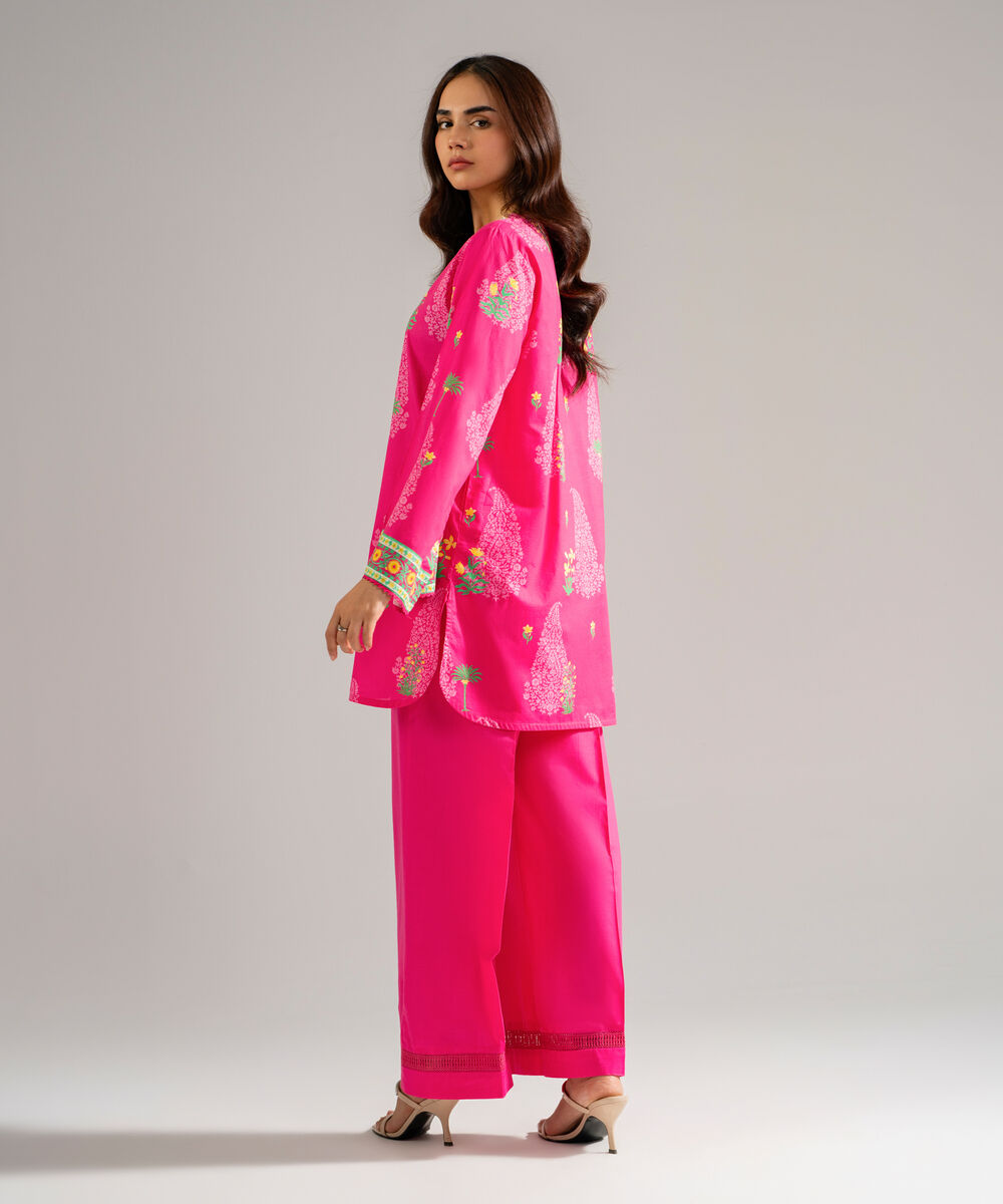 Women's RTW Slub Lawn Printed Pink Straight Shirt