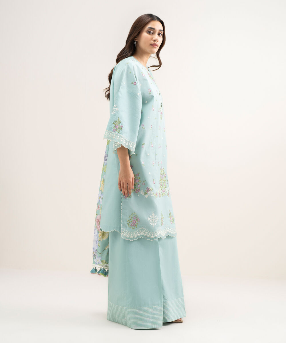 Women's Unstitched Textured Lawn Embroidered Blue 3 Piece Suit