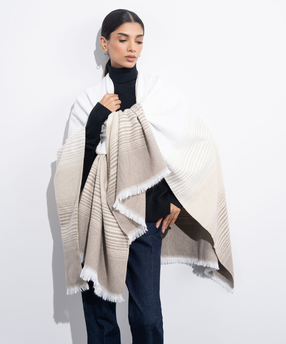Women's Western Wear Beige & Off White Striped Cape Shawl
