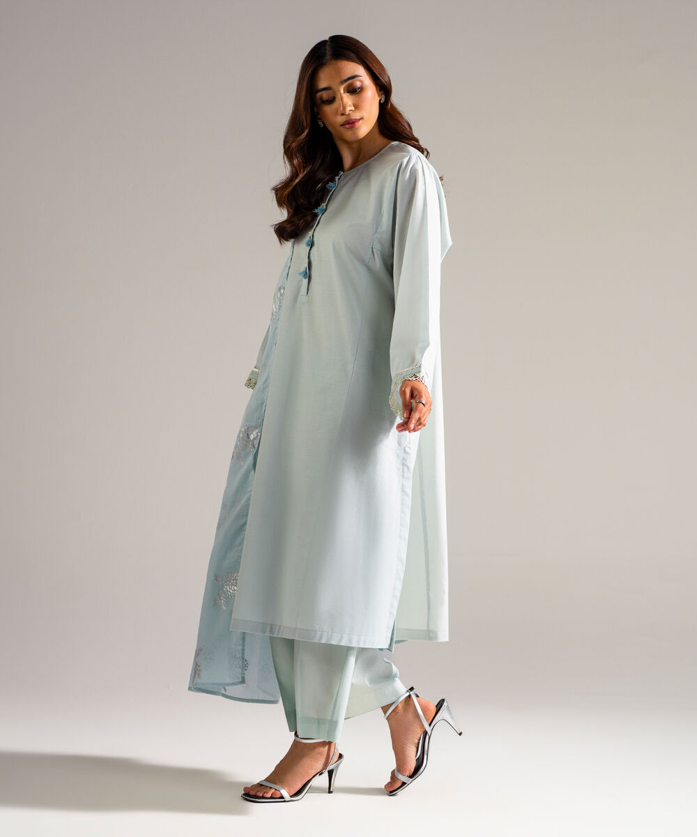 Women's RTW Slub Lawn Solid Blue 3 Piece Suit
