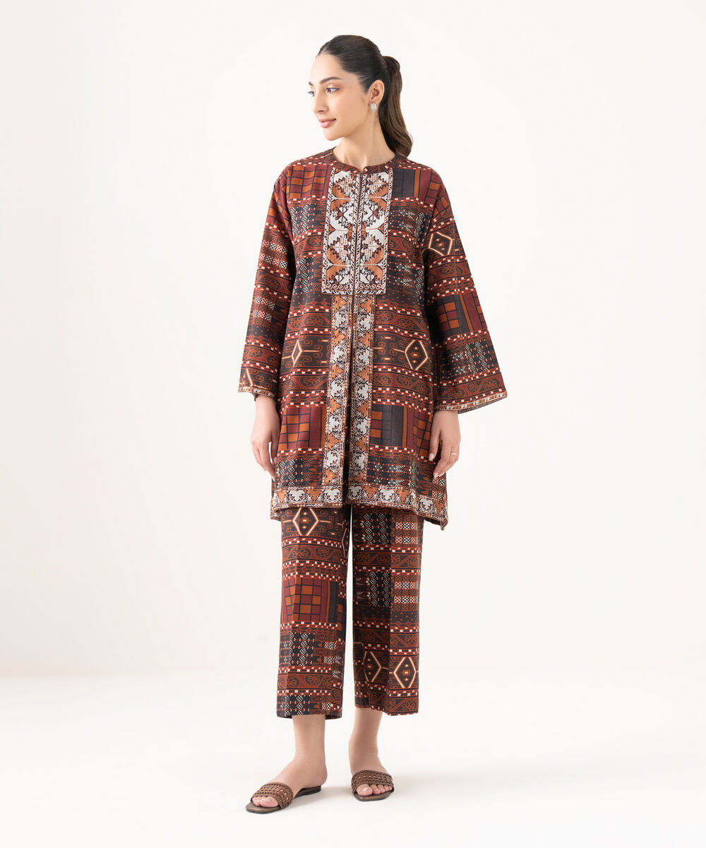 Women's RTW Cotton Embroidered Brown Drop Shoulder Shirt