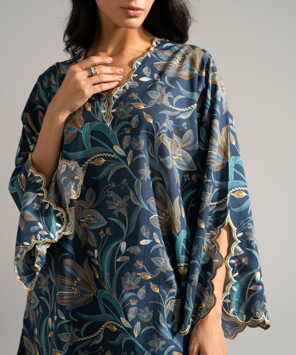 Women's RTW Slub Lawn Embroidered Blue 2 Piece Suit