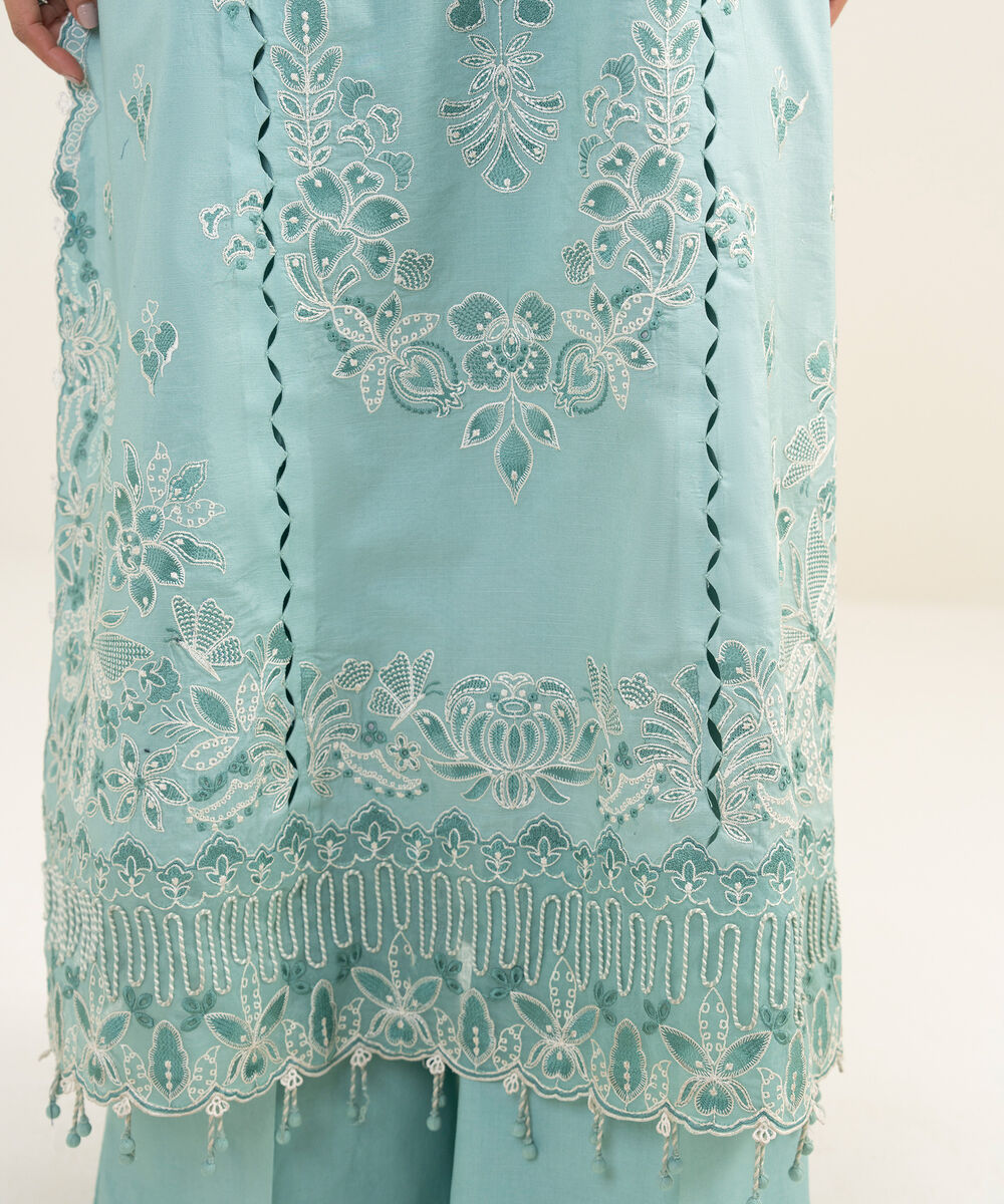 Women's Unstitched Textured Lawn Embroidered Blue 3 Piece Suit