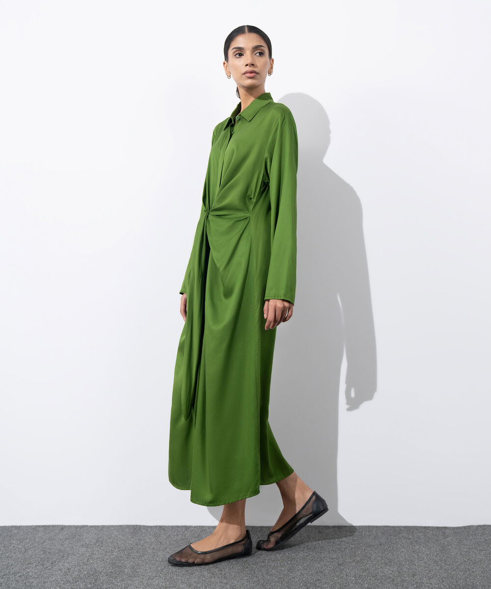 Women's Western Wear Green Tie-Knot Dress