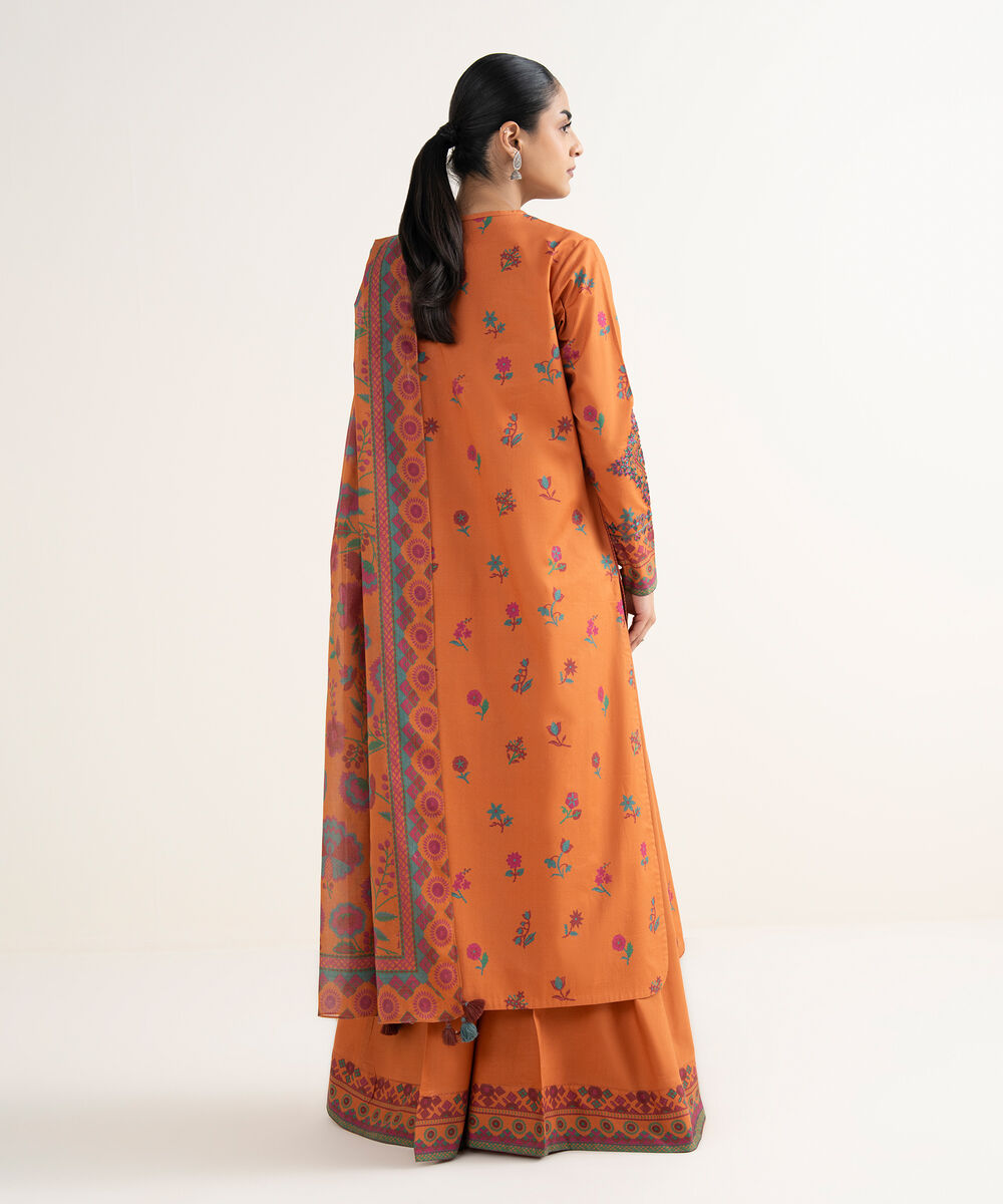 Women's Unstitched Cotton Embroidered Orange 3 Piece Suit