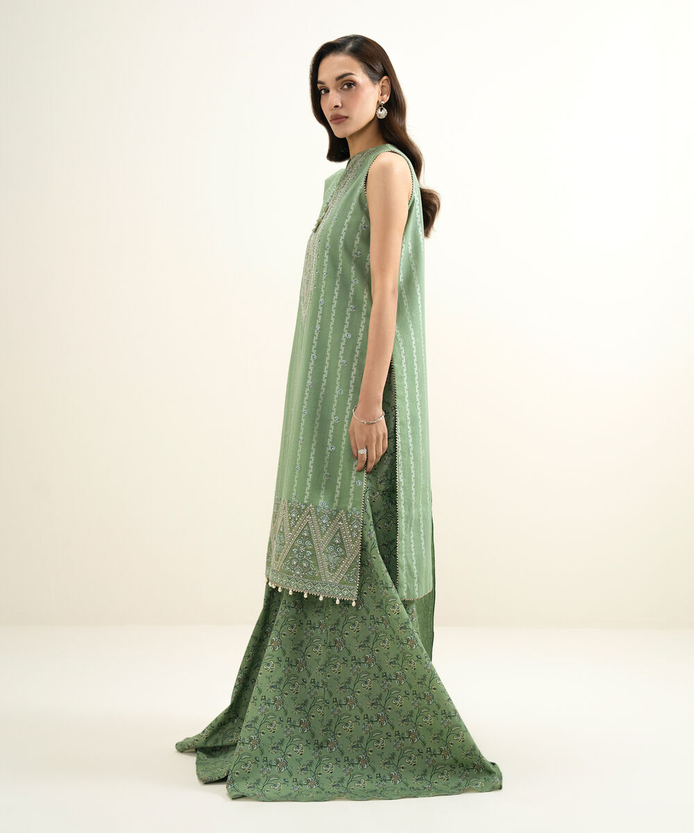 Women's Unstitched Extra Weft Jacquard Embroidered Green 3 Piece Suit