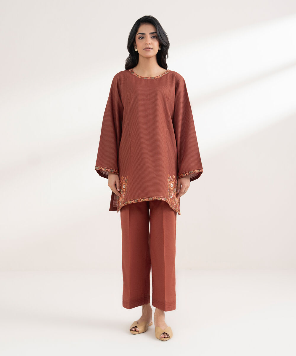 Women's RTW Zari Khaddar Embroidered Rust Straight Shirt
