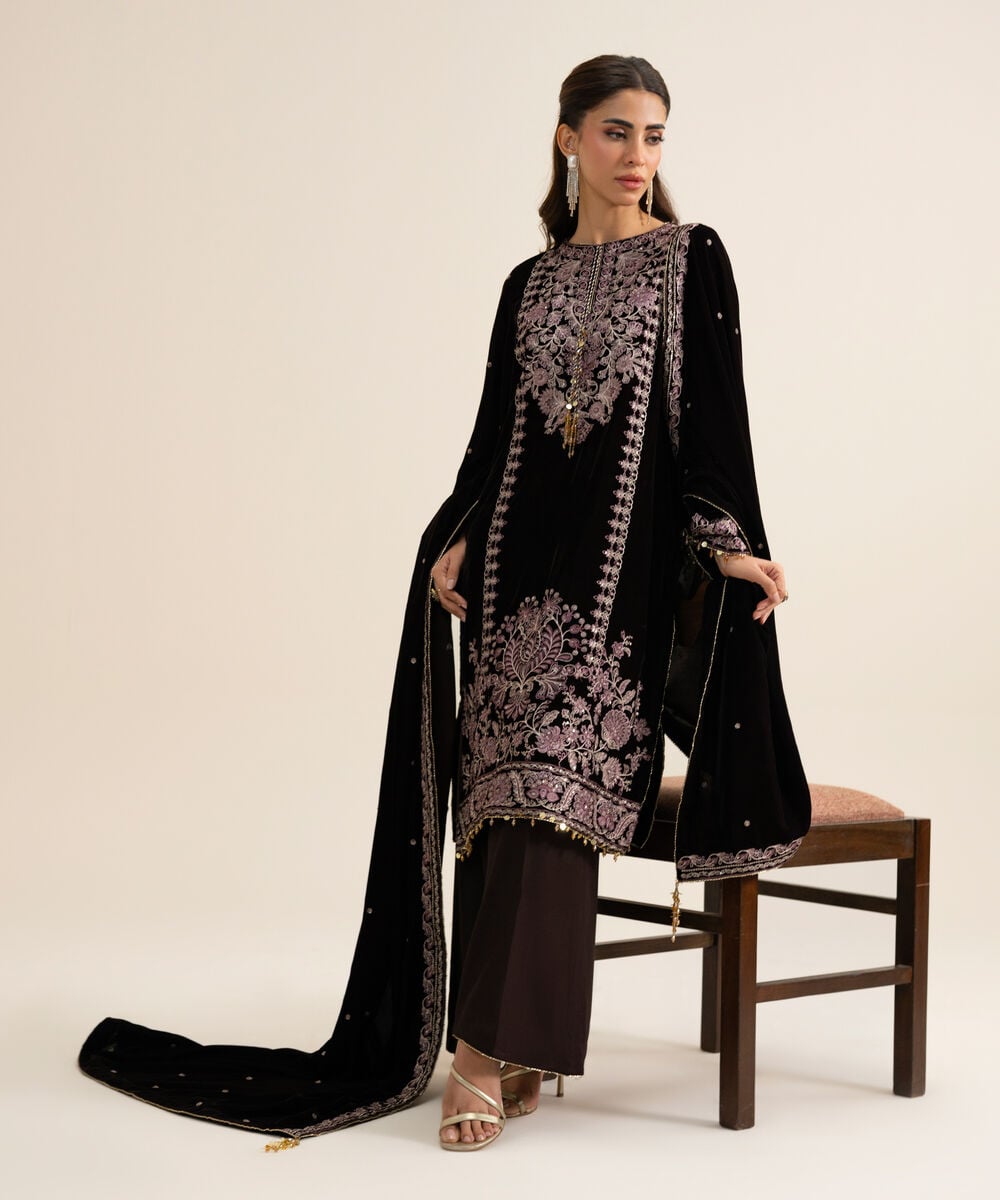 Women's Unstitched Velvet Embroidered Plum 3 Piece Suit