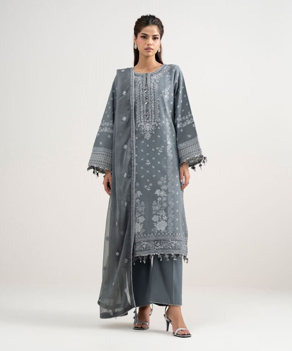 Women's Unstitched Extra Weft Jacquard Embroidered Grey 3 Piece Suit