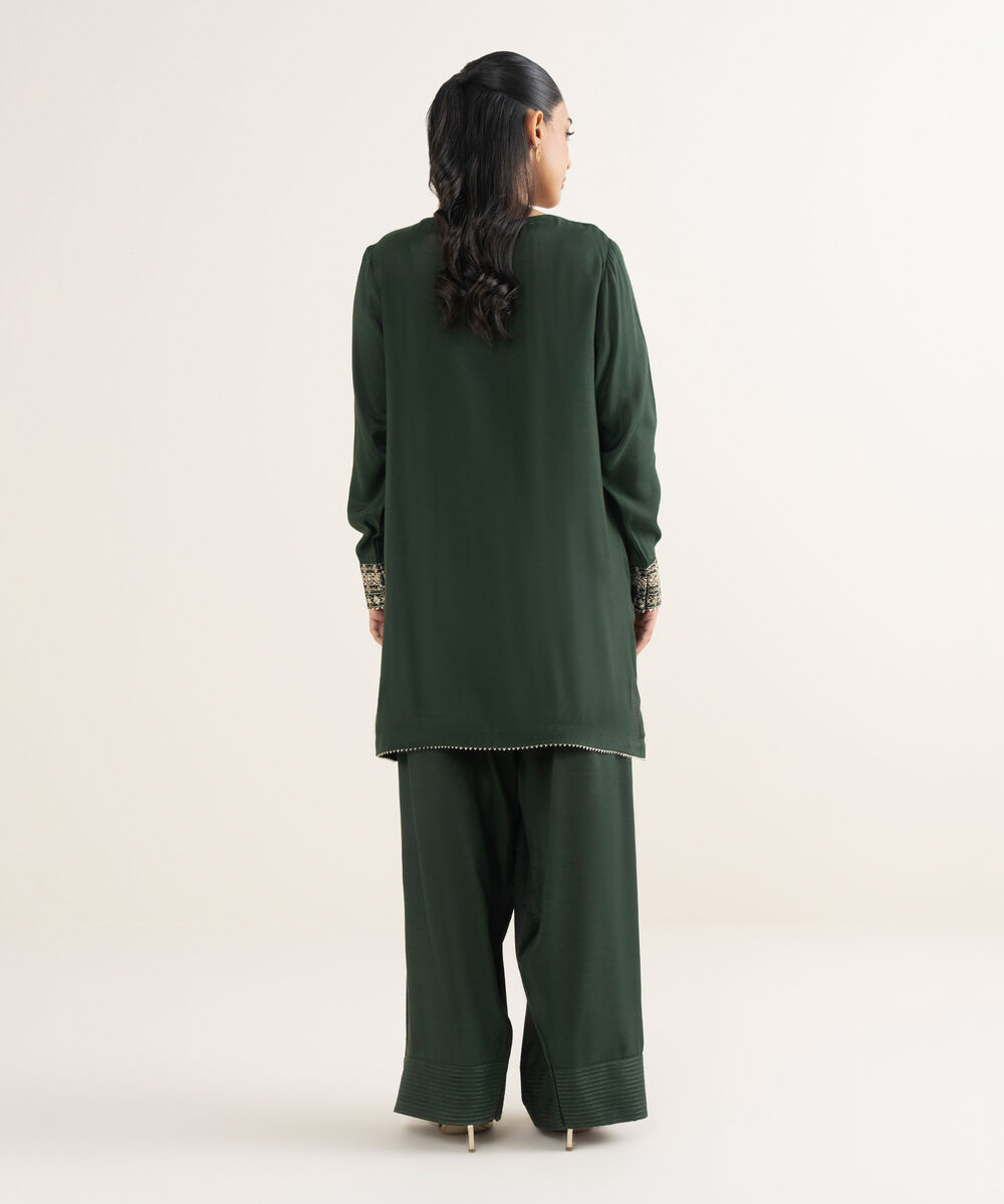 Women's RTW Viscose Raw Silk Embroidered Green 2 Piece Suit