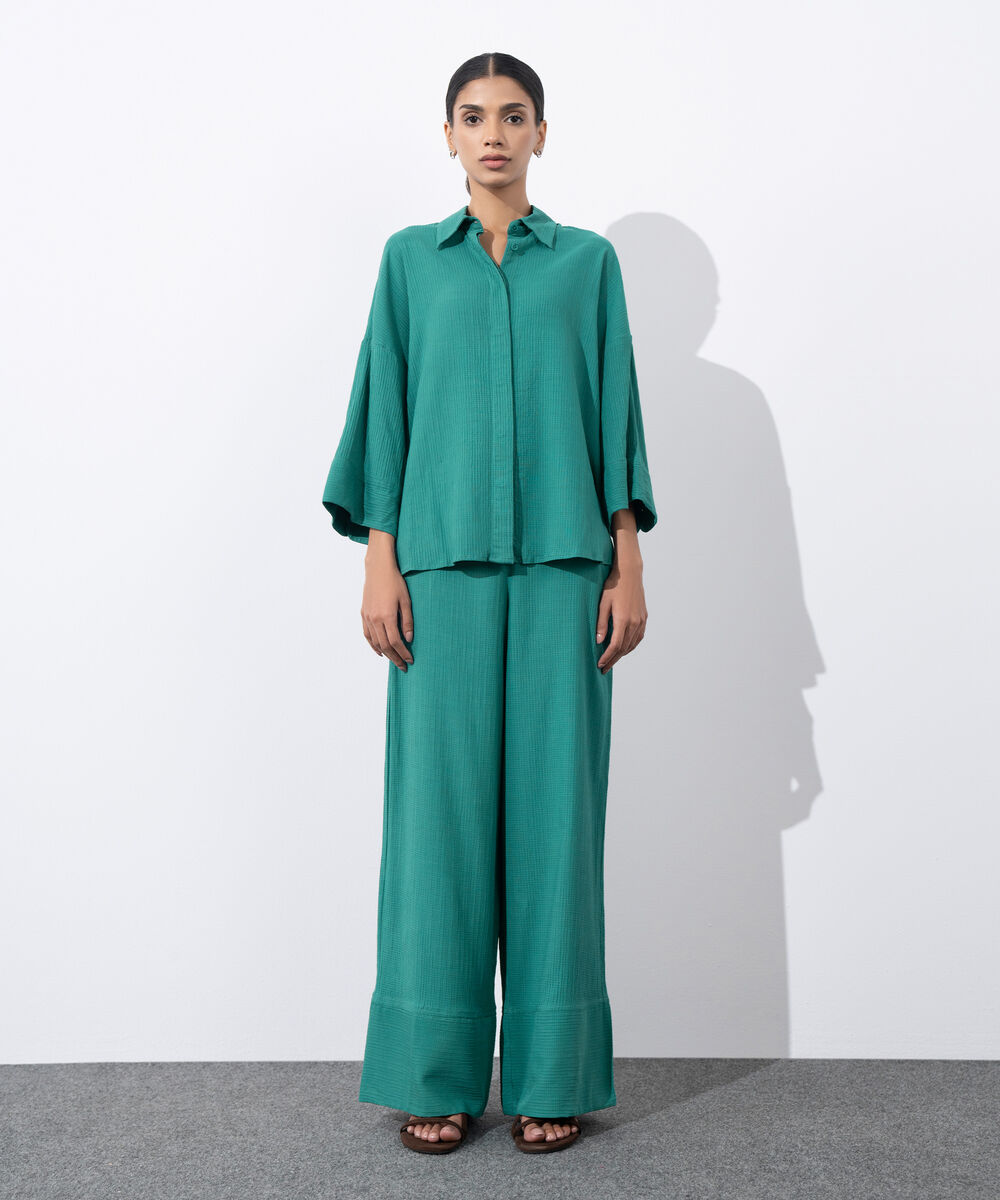 Women's Western Wear Green Seersucker Button Through Shirt