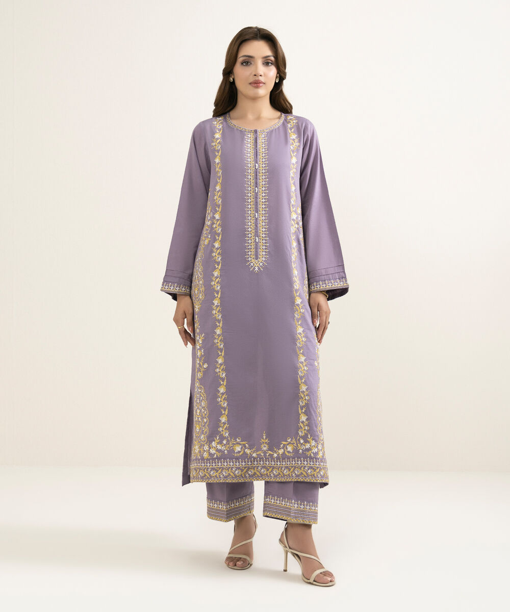 Women's RTW Dobby Embroidered Lilac A-Line Shirt