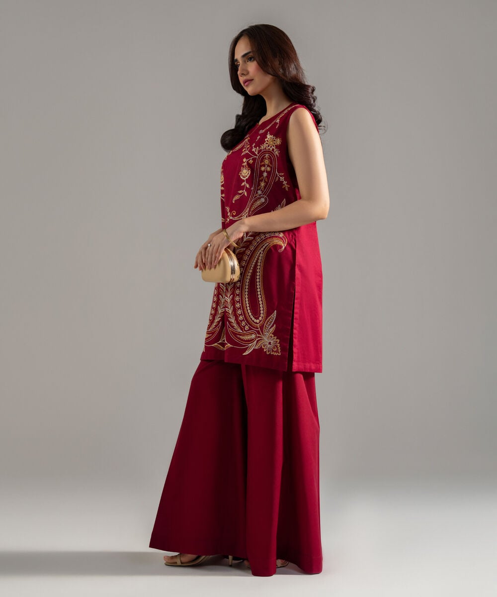 Women's RTW Lawn Solid Embroidered Maroon Straight Shirt