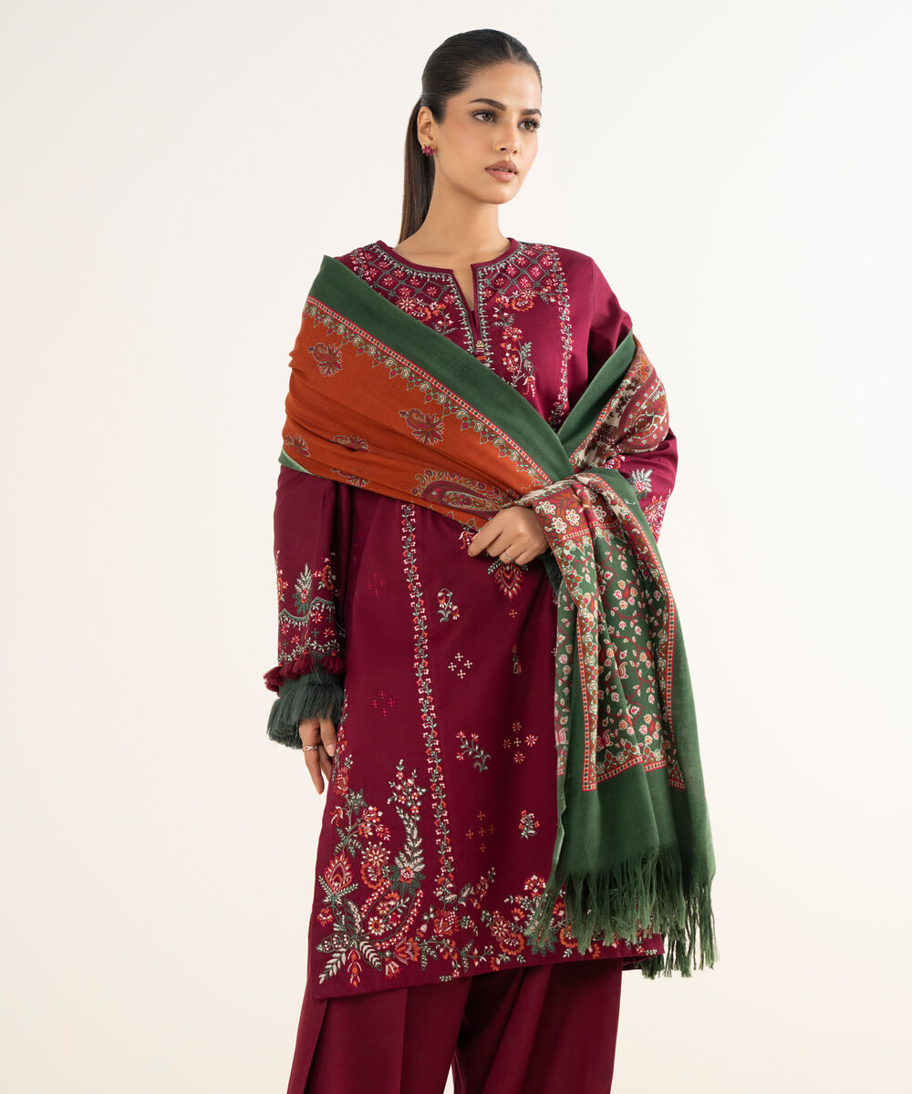 Women's Unstitched Twill Embroidered Red 3 Piece Suit