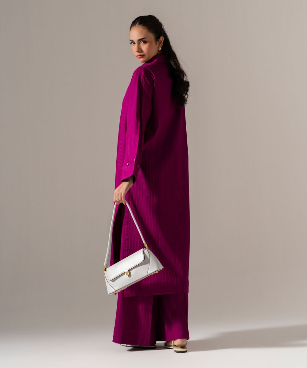 Women's RTW Dobby Strip Solid Purple 2 Piece Suit