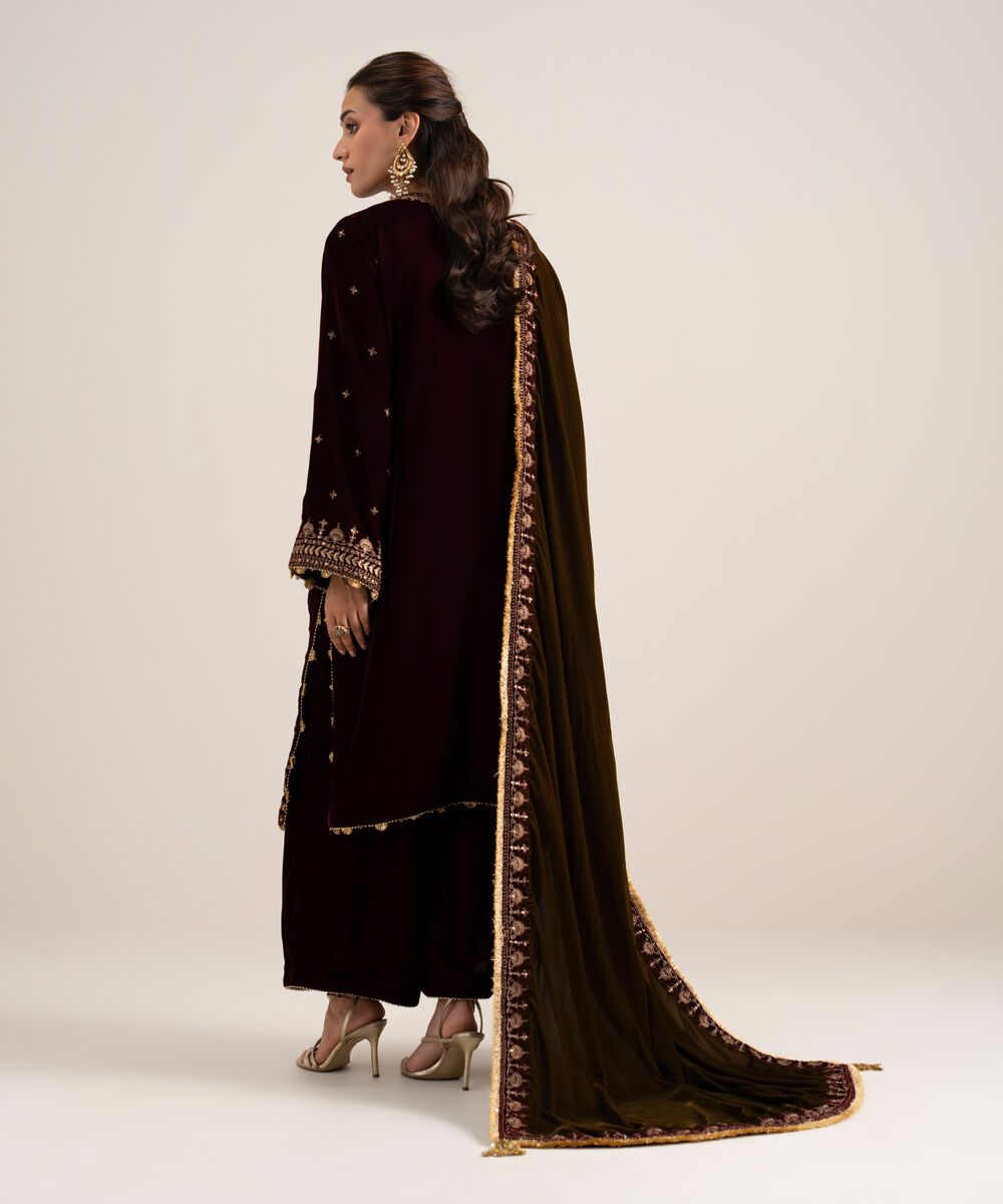 Women's Unstitched Embroidered Velvet Maroon 3 Piece Suit