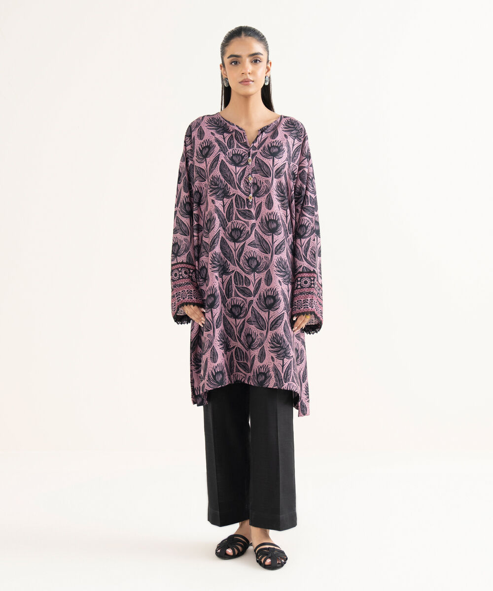 Women's RTW Cotton Viscose Printed Drop Shoulder Purple Shirt