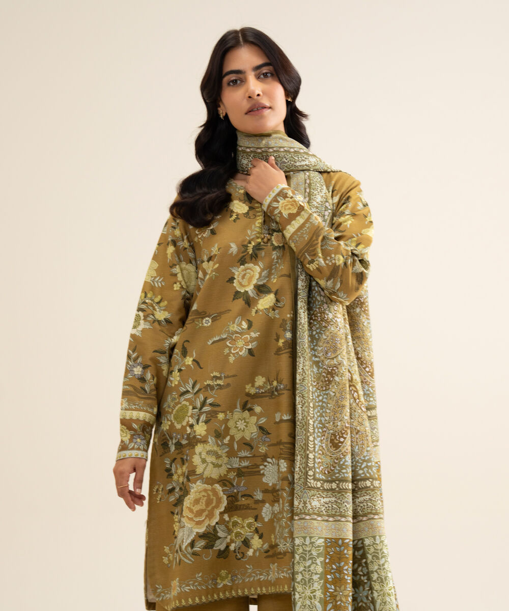 Women's Unstitched Lawn Printed Olive Green 3 Piece Suit