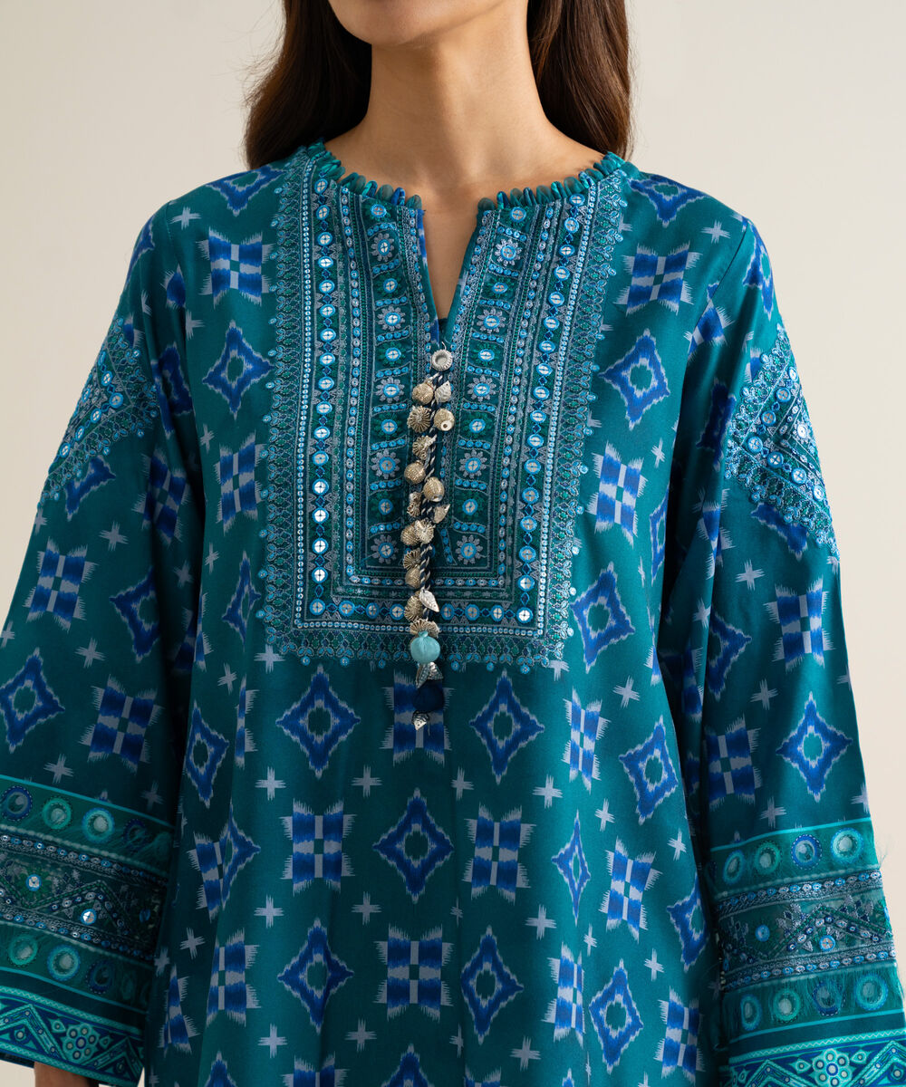 Women's Unstitched Linen Printed Blue 3 Piece Suit