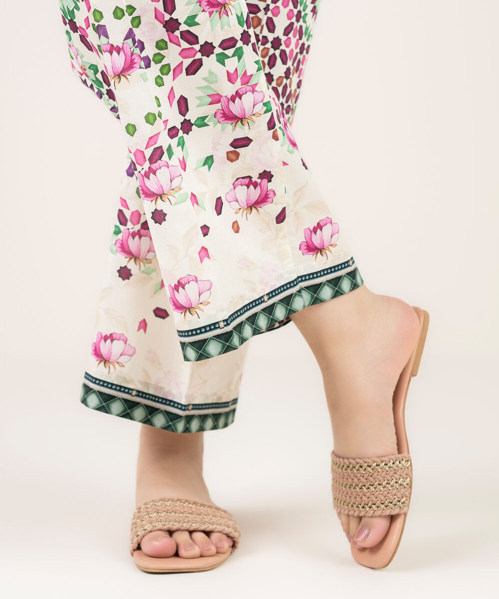 Women's RTW Cambric Printed Off White Straight Pants