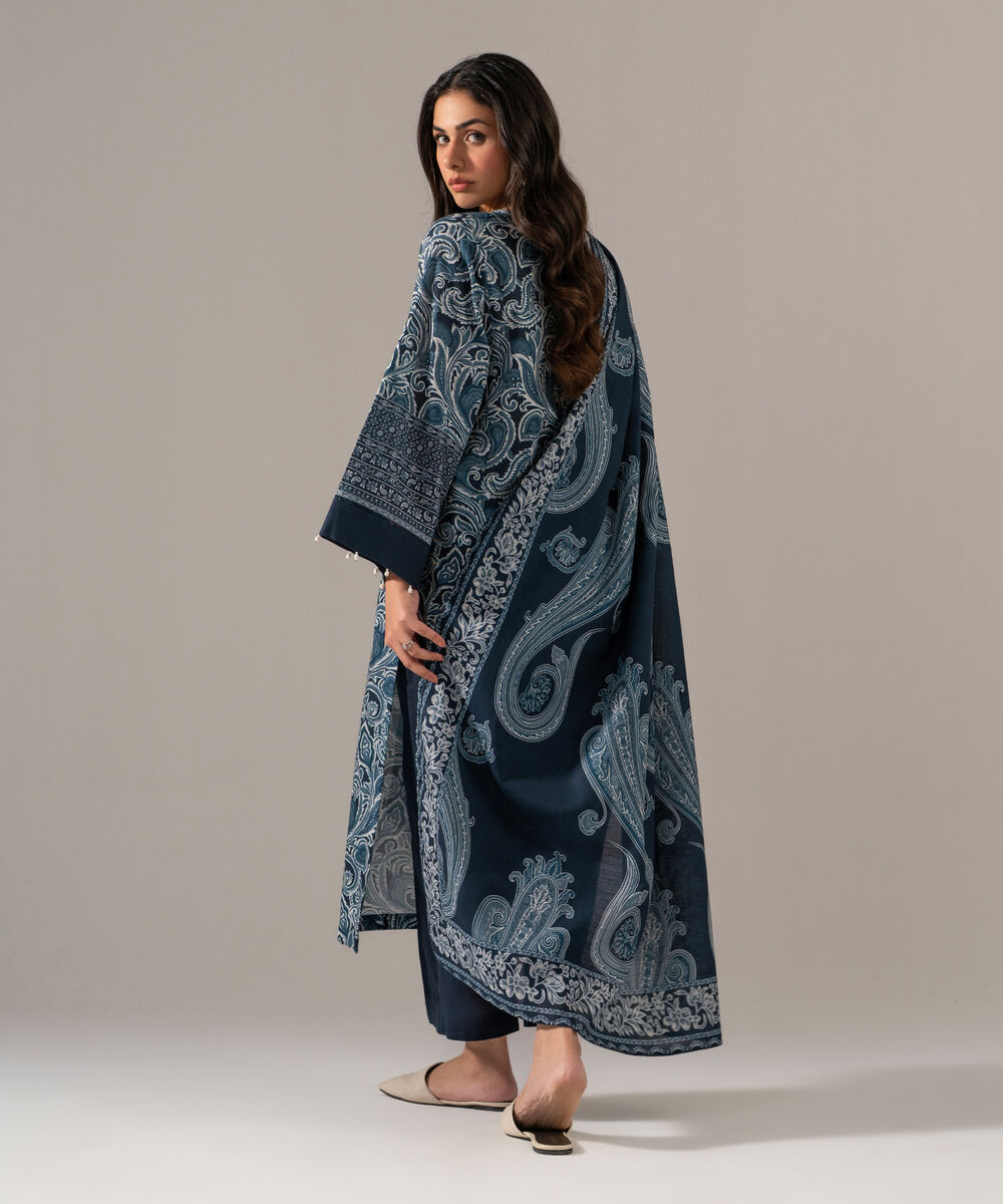 Women's RTW Khaddar Printed Blue 3 Piece Suit