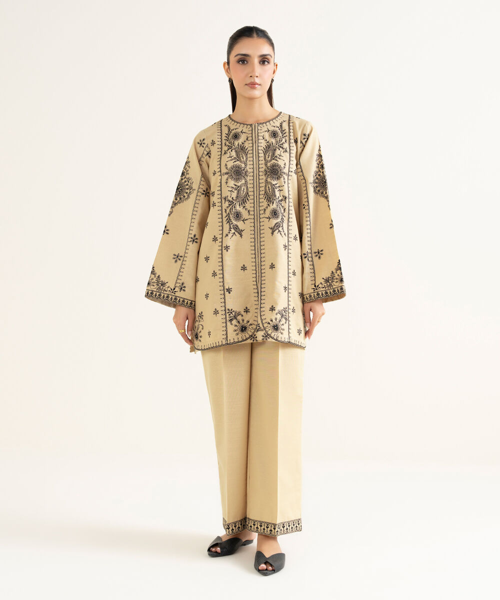 Women's RTW Khaddar Embroidered Beige Straight Shirt