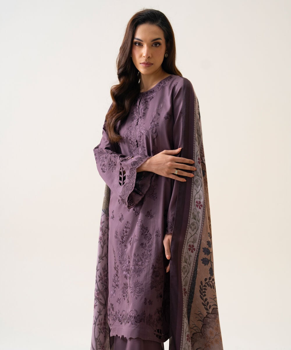 Women's Unstitched Cotton Twill Embroidered Mauve 3 Piece Suit