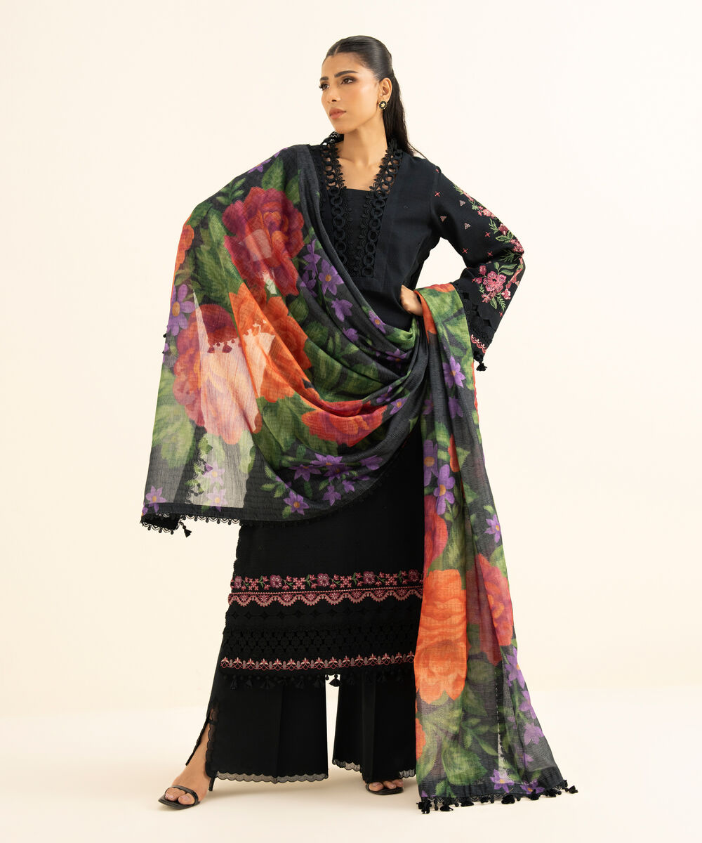 Women's Unstitched Dobby Embroidered BLACK 3 Piece Suit