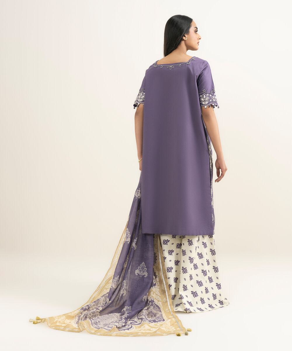 Women's Unstitched Textured Lawn Embroidered Purple 3 Piece Suit