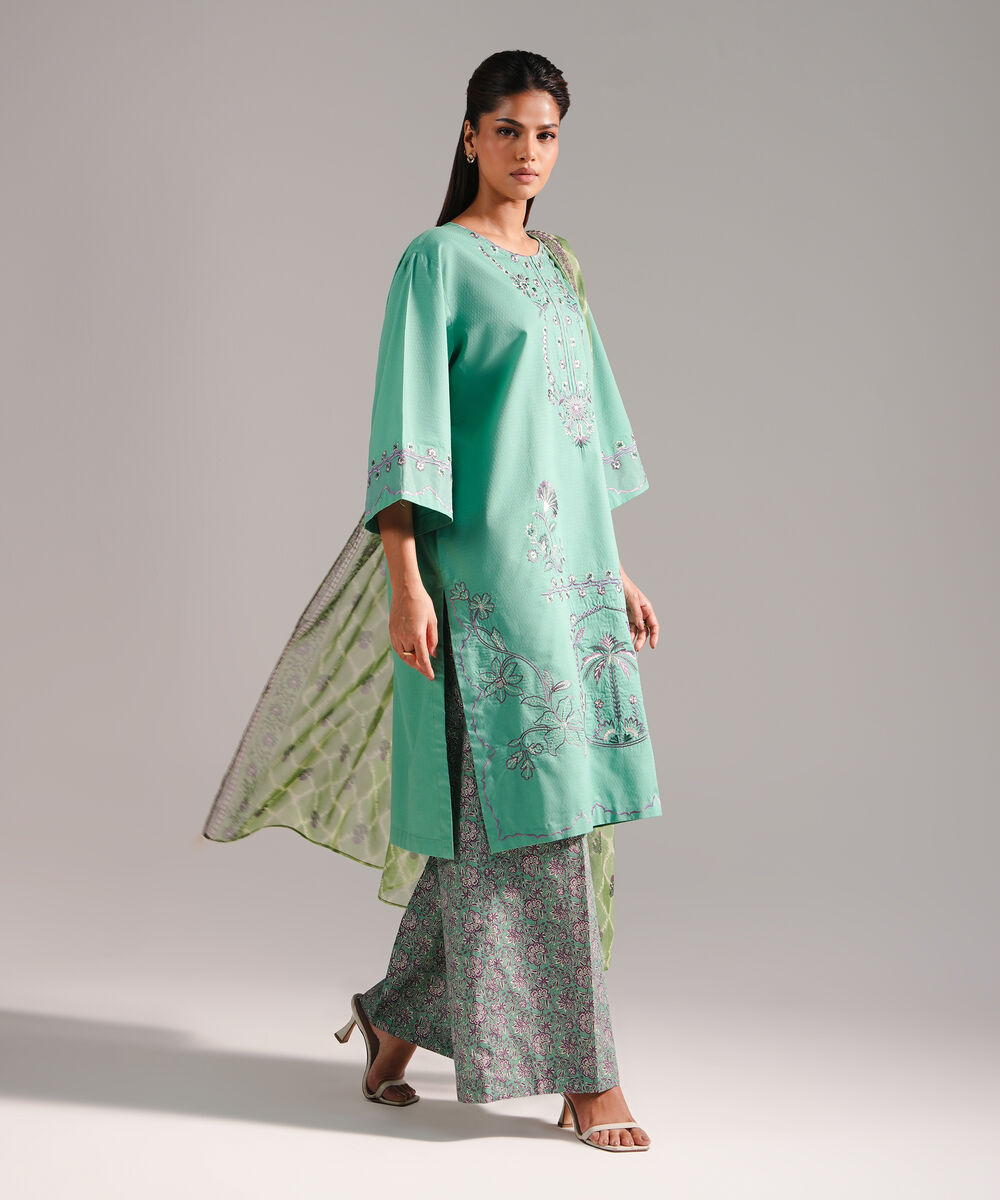 Women's RTW Dobby Embroidered Green 3 Piece Suit