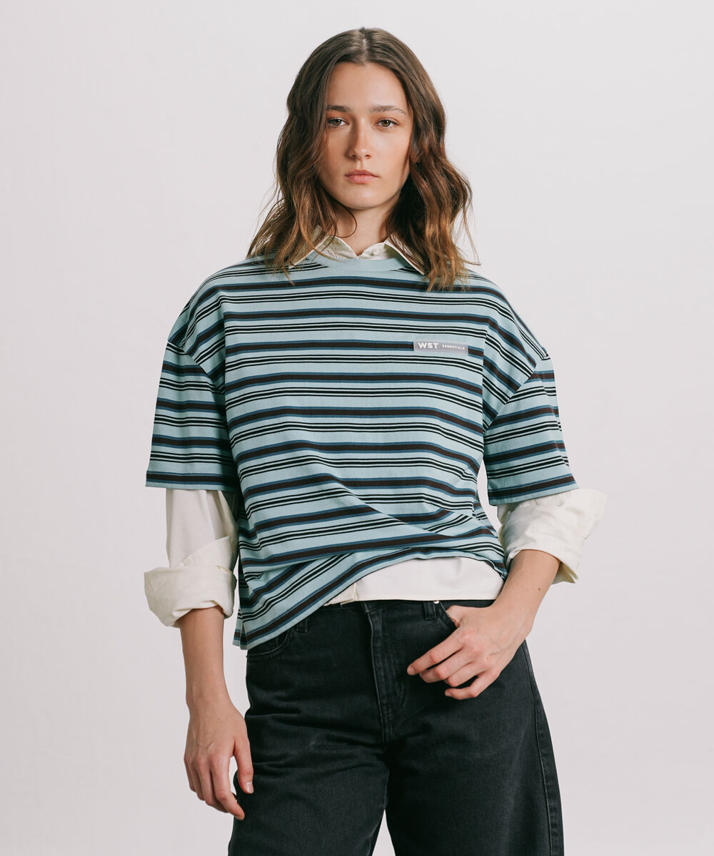 Women's Western Wear Blue Yarn Dyed T-Shirt