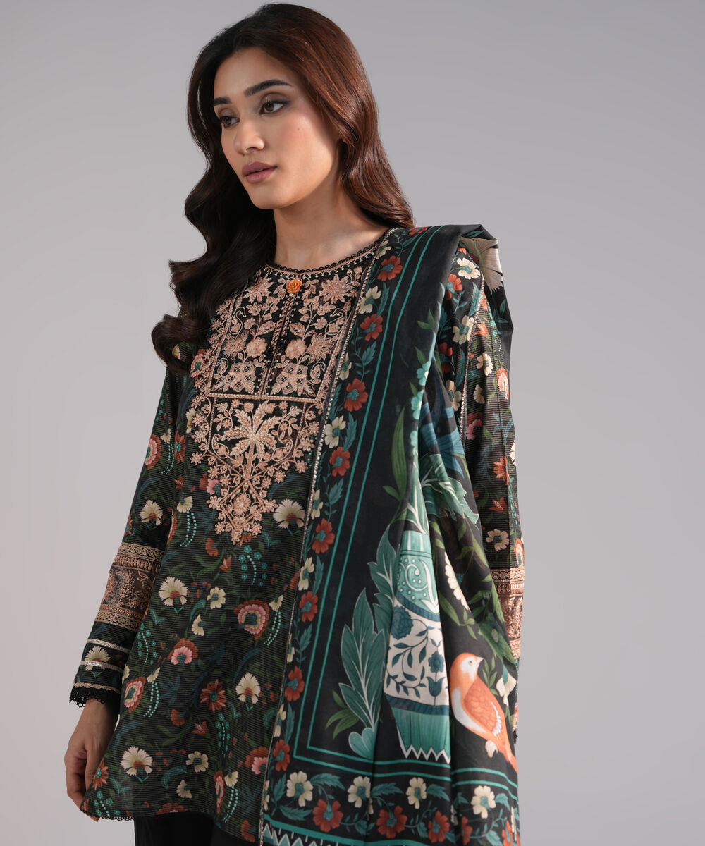 Women's RTW Zari Lawn Embroidered Black 3 Piece Suit