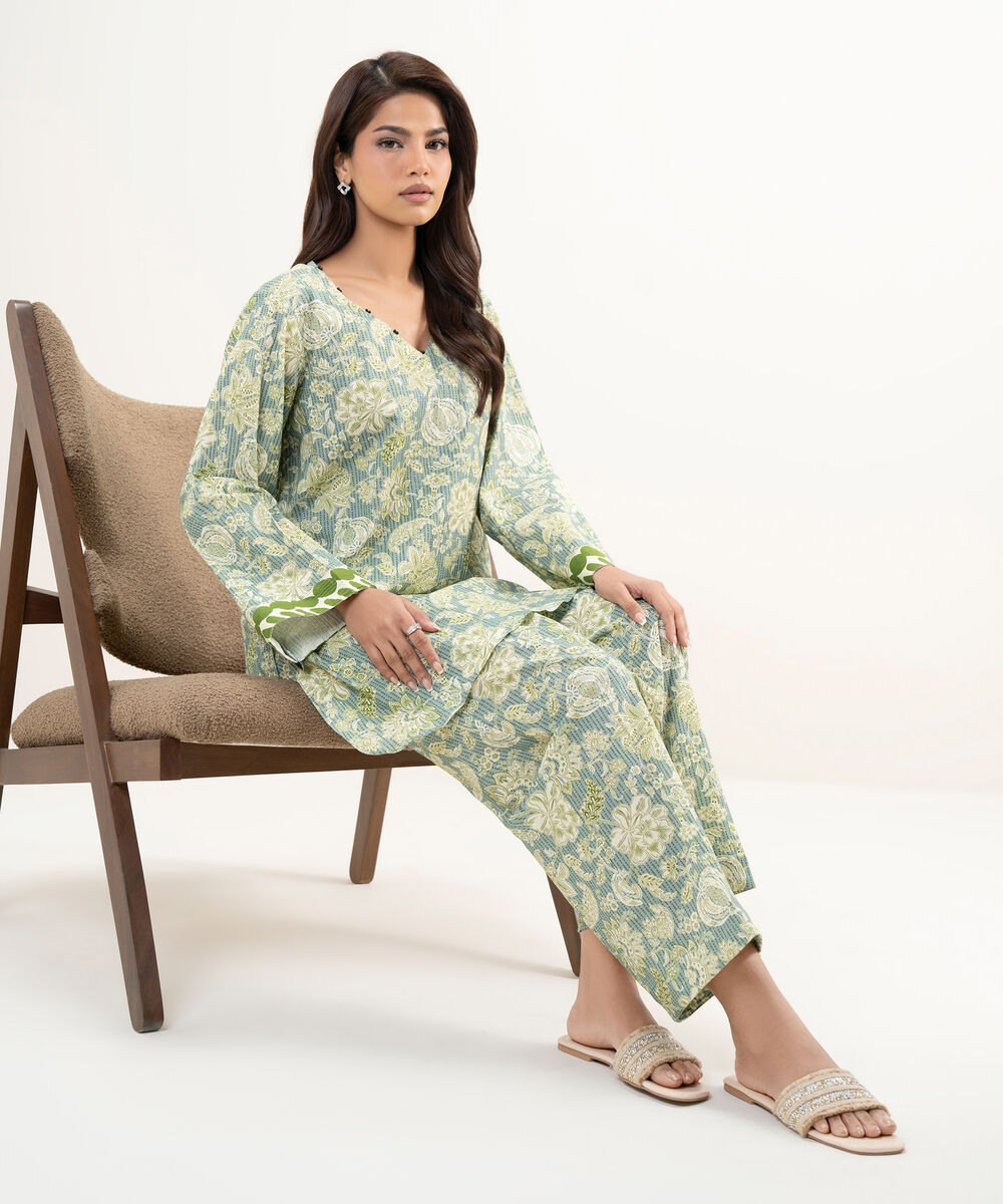 Women's RTW Seersucker Printed Green Straight Shirt