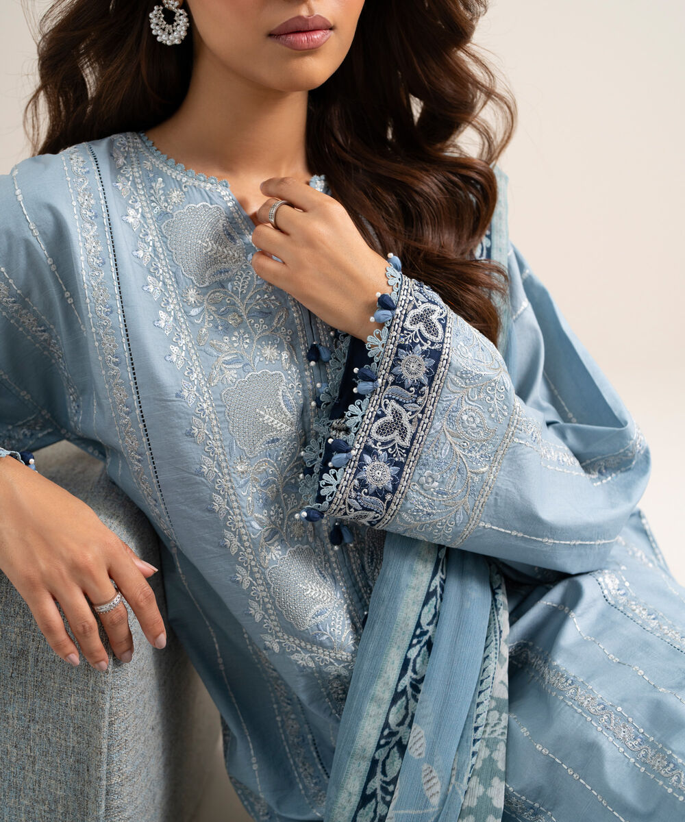 Women's Unstitched Textured Lawn Embroidered Blue  3 Piece Suit