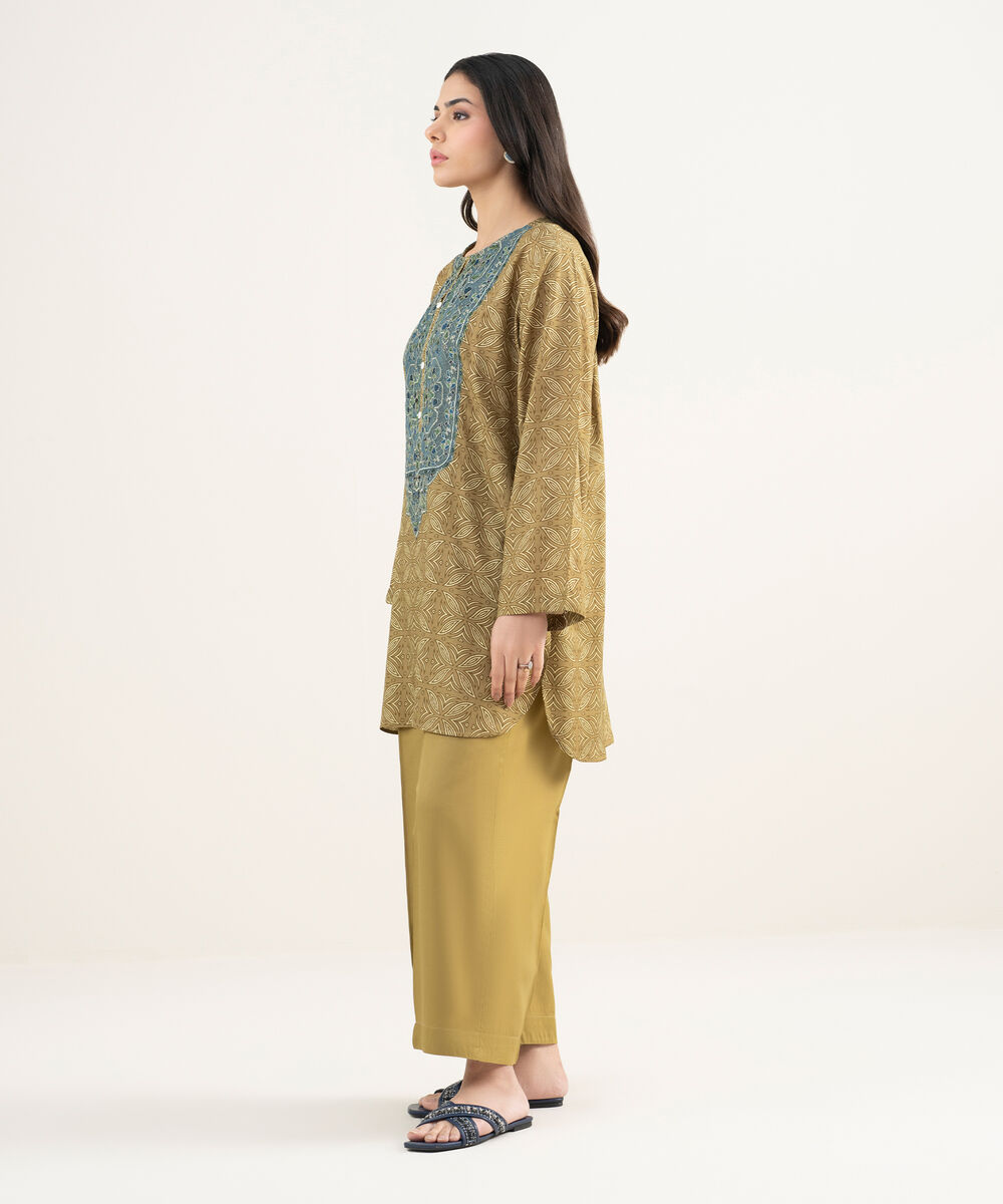 Women's RTW Arabic Cambric Embroidered Olive Green Straight Shirt