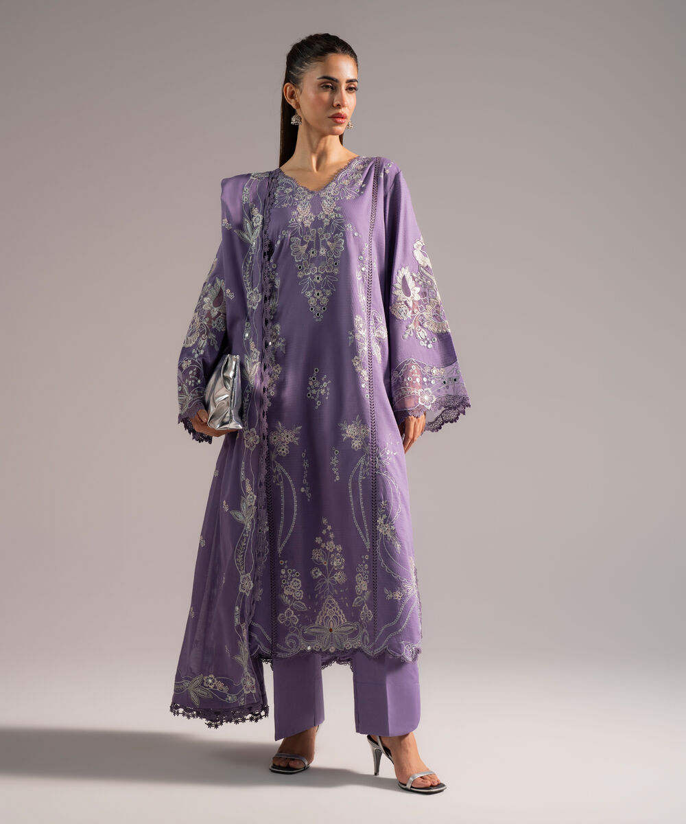 Women's RTW Dobby Embroidered Lavender 3 Piece Suit